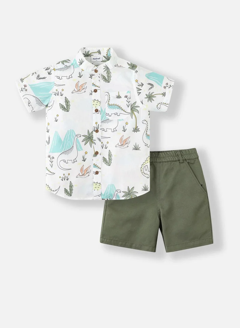 Nautinati Boys' Cotton-Linen Blend All-over Dino Print Shirt & Shorts Co-ord Set